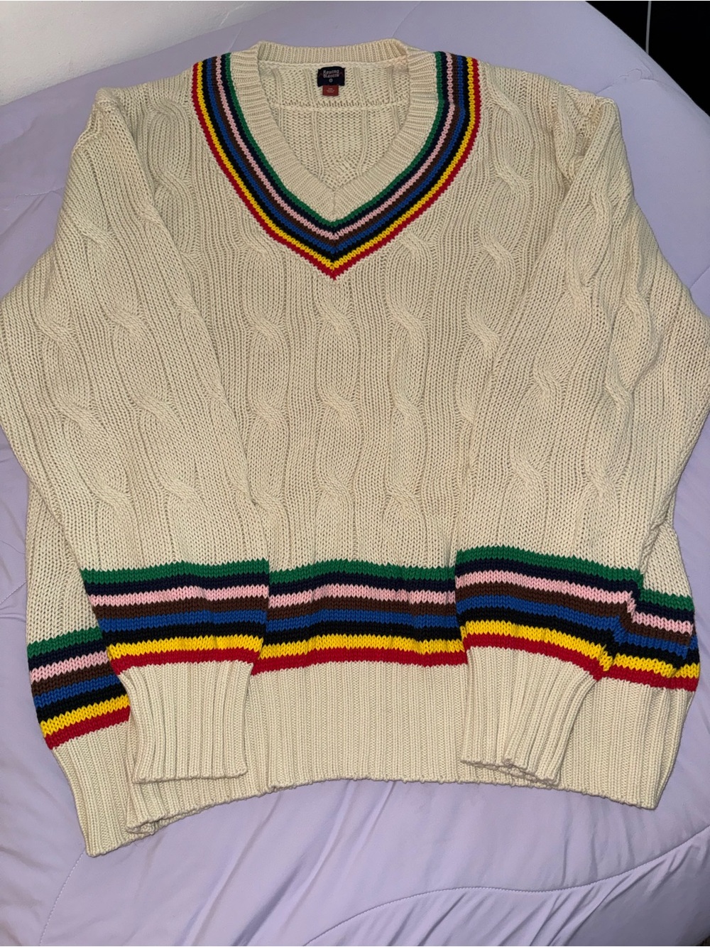 Rowing Blazers x Target Cream Cable Knit V-Neck Sweater with Rainbow Trim